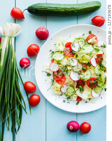 Plate with fresh spring salad of sliced radish, cherry tomatoes, cucumber, greens and iceberg salad covered in olive oil, top view of plate with vitamin meal. Plate with fresh spring salad of sliced radish, cherry tomatoes, cucumber, greens and iceberg salad covered in olive oil, top view of plate with vitamin meal. 127193678
