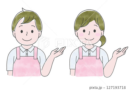 笑顔で案内するエプロンの男性と女性セット 笑顔で案内するエプロンの男性と女性セット 127193718