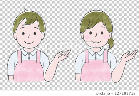 笑顔で案内するエプロンの男性と女性セット 笑顔で案内するエプロンの男性と女性セット 127193718