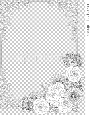 Vintage calligraphy style frame material 134 <Flowers, decorative borders, decorative frames, monochrome line drawings> 127193734