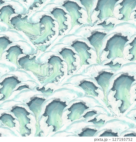 Crest of wave seamless pattern, whitecaps, foam, bubbles. Pastel turquoise watercolor illustration isolated from background. Cresting mint, blue colours of water. Hand drawn illustration, kids design 127193752