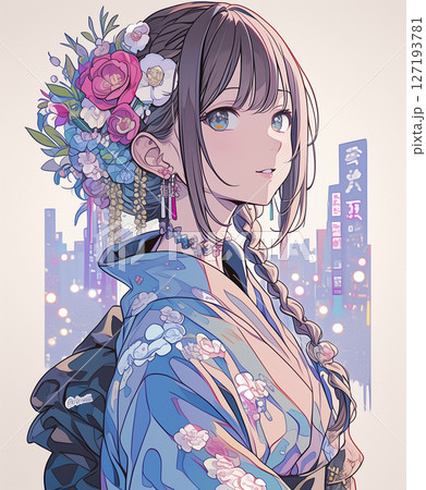 和服姿の可愛い女性のイラスト 127193781