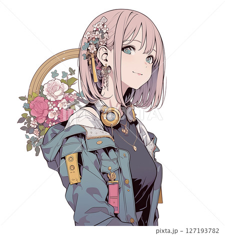 花飾りと可愛い女性のイラスト 127193782