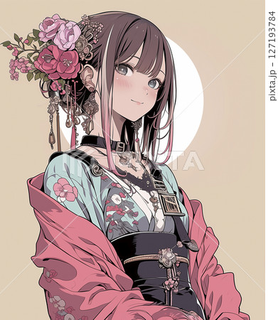 和服姿の可愛い女性のイラスト 127193784