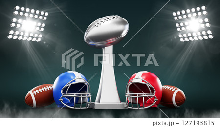 Super Bowl Sunday 3d background. American football gridiron with blue and red helmet, ball and silver Vince Lombardi trophy illuminated by spotlights. Final game for NFL championship. 3D illustration 127193815