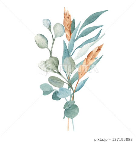 Watercolor Bouquet from Eucalyptus and Dry Spikelets of Wheat or Rye. Hand drawn floral composition isolated on a white background. For greeting birthday cards, wedding, save the date and baby shower Watercolor Bouquet from Eucalyptus and Dry Spikelets of Wheat or Rye. Hand drawn floral composition isolated on a white background. For greeting birthday cards, wedding, save the date and baby shower 127193888