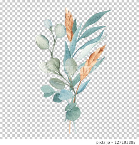 Watercolor Bouquet from Eucalyptus and Dry Spikelets of Wheat or Rye. Hand drawn floral composition isolated on a white background. For greeting birthday cards, wedding, save the date and baby shower Watercolor Bouquet from Eucalyptus and Dry Spikelets of Wheat or Rye. Hand drawn floral composition isolated on a white background. For greeting birthday cards, wedding, save the date and baby shower 127193888