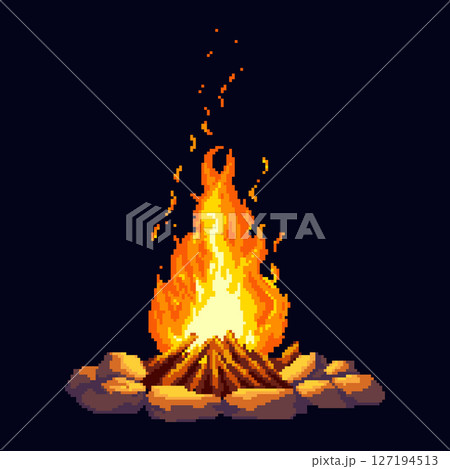 Pixel art of a campfire with bright flame and firewood surrounded by stones. Stylized retro bonfire on dark background, vector illustration. Pixel art of a campfire with bright flame and firewood surrounded by stones. Stylized retro bonfire on dark background, vector illustration. 127194513