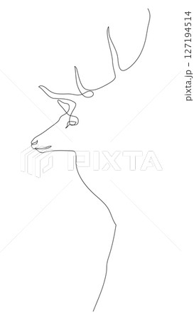 One line drawing of deer. Hand drawn single continuous line minimalism style design. Vector illustration. One line drawing of deer. Hand drawn single continuous line minimalism style design. Vector illustration. 127194514