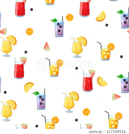 Seamless summer pattern with pixel art cocktails and fruits. Colorful 8-bit design with pineapple, watermelon, orange and blackberry. Bright retro style for fabric, wallpaper or digital use. 127194516