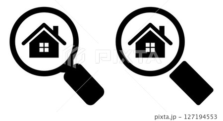 Search Real Estate Icon Set. Black Silhouettes of House Under Magnifying Glass for Property App or Website UI 127194553