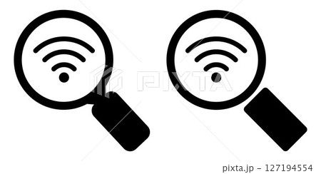 Wi-Fi Signal Search Icon Set. Black Silhouettes of Magnifier Over Wireless Internet Symbol. Wi-Fi Signal Search Icon Set. Black Silhouettes of Magnifier Over Wireless Internet Symbol. 127194554