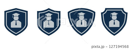 Education Security Badge Icons. Graduation Cap and Shield Set in Blue and Gray. Academic Emblem Collection for Certification, Learning Safety and School Protection Concepts. 127194568