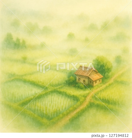 朝霧に包まれた田園と一軒家の水彩風イラスト 127194812