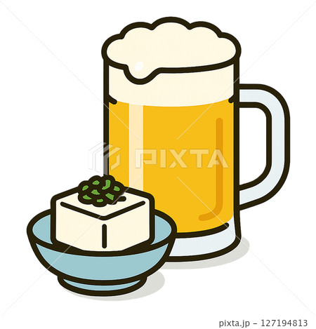 ビールと冷奴のイラスト素材|居酒屋のおつまみセット ビールと冷奴のイラスト素材|居酒屋のおつまみセット 127194813
