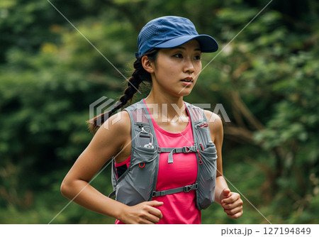 一人で山を走る女性トレイルランナー 127194849
