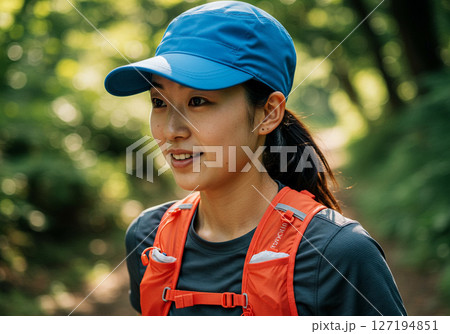 一人で山を走る女性トレイルランナー 127194851