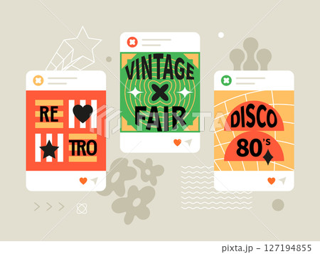 Retro posters and events - social media screens templates set 127194855