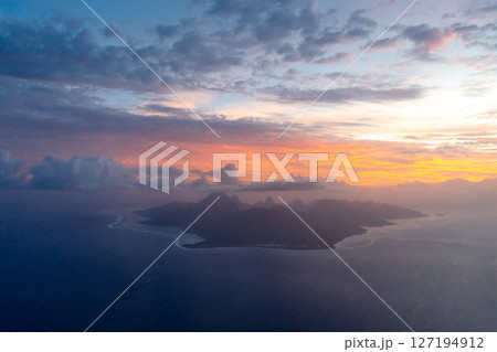 Aerial view of Moorea island at sunset, French Polynesia Aerial view of Moorea island at sunset, French Polynesia 127194912