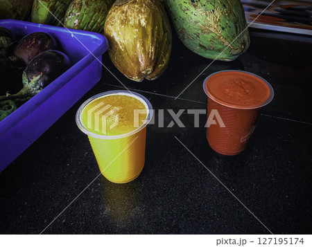 Refreshing Fruit Drink with Fresh Produce at a Juice Stall, Morhabadi, Ranchi, Jharkhand. 127195174