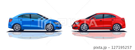 Two cars facing each other symbolizing trade war concept blue and red vehicles on reflective surface automotive competition theme 127195257