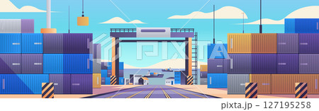 Shipping containers port trade logistics concept. Stacked colorful containers with a crane and ship under a clear sky. Industrial seaport scene Shipping containers port trade logistics concept. Stacked colorful containers with a crane and ship under a clear sky. Industrial seaport scene 127195258