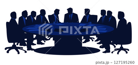Business meeting negotiation silhouettes concept. Group of people in suits around a round table discussing. Dark blue monochrome style corporate setting Business meeting negotiation silhouettes concept. Group of people in suits around a round table discussing. Dark blue monochrome style corporate setting 127195260