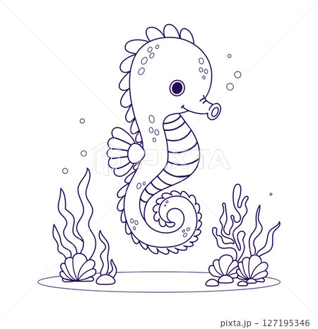 Outline Cute Seahorse with algae and coral on seabed. Line drawing, coloring book. Vector illustration. Kids collection Outline Cute Seahorse with algae and coral on seabed. Line drawing, coloring book. Vector illustration. Kids collection 127195346