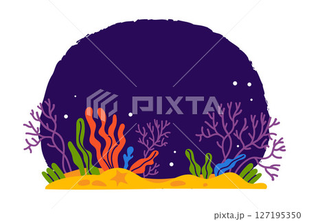 Tropical Sea Plants, seaweed, Coral and sandy seabed on dark blue background. Underwater landscape. Vector illustration Tropical Sea Plants, seaweed, Coral and sandy seabed on dark blue background. Underwater landscape. Vector illustration 127195350