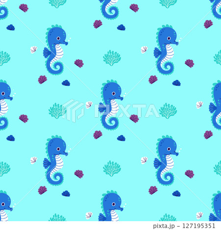 Underwater Seamless Pattern. Cute Sea Seahorse on Blue Background with shells and corals. Vector Illustration Underwater Seamless Pattern. Cute Sea Seahorse on Blue Background with shells and corals. Vector Illustration 127195351