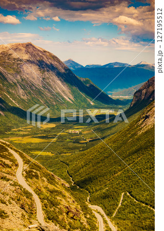 Green valley from Trollstigen mountain area 127195512