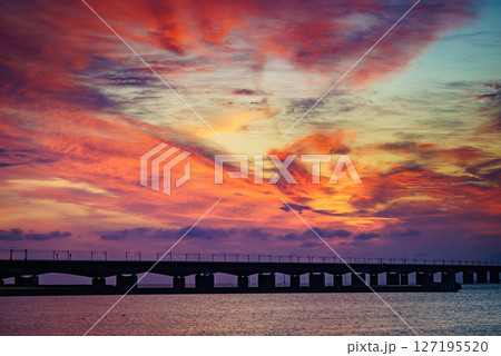 Storebaelt Bridge in Denmark at sunrise Storebaelt Bridge in Denmark at sunrise 127195520