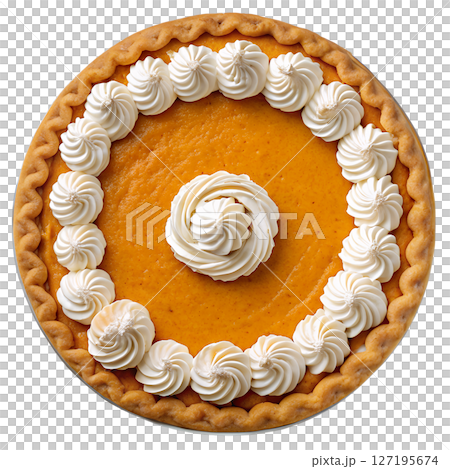 Delicious pumpkin pie with whipped cream isolated on transparent background, homemade thanksgiving dessert 127195674