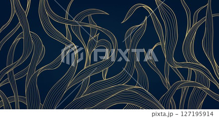 Vector golden leaves, grass, alga seaweed line pattern. Nature botanical floral branch ornament, wave premium underwater graphic. 127195914