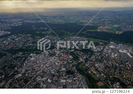 Hanau Germany aerial panorama landscape at sunset from airplane before landing to Frankfurt airport Hanau Germany aerial panorama landscape at sunset from airplane before landing to Frankfurt airport 127196224