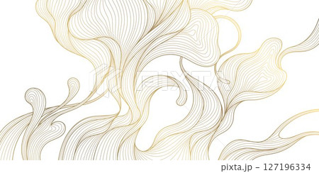 Vector line gold on white leaves, flower art, tea elegant pattern. Art deco, japanese floral luxury illustration. Wave jungle, tree branch summer motif. 127196334