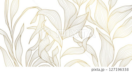 Vector line gold on white leaves, flower art, tea elegant pattern. Art deco, japanese floral luxury illustration. Wave jungle, tree branch summer motif. Vector line gold on white leaves, flower art, tea elegant pattern. Art deco, japanese floral luxury illustration. Wave jungle, tree branch summer motif. 127196338
