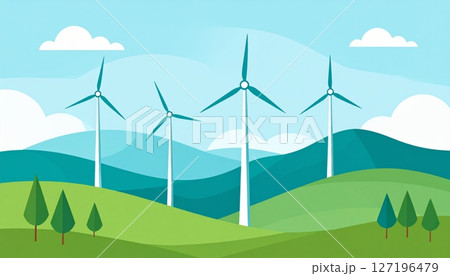 Green wind turbines generate renewable energy across a vast landscape under a blue sky Green wind turbines generate renewable energy across a vast landscape under a blue sky 127196479