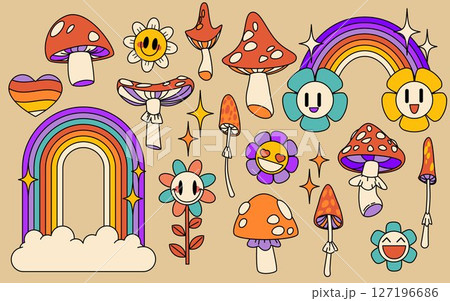 Psychedelic retro mushroom, flower, rainbow 127196686