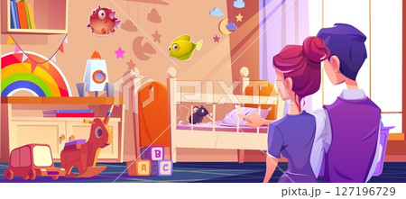 Couple watches mouse chewing on bedding in crib. Couple watches mouse chewing on bedding in crib. 127196729