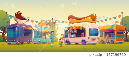 Cartoon food truck with kids drinking soda Cartoon food truck with kids drinking soda 127196730