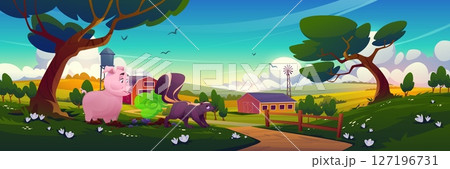 Cartoon pig meets skunk with green smell cloud 127196731