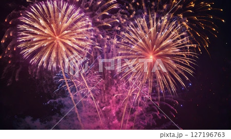 Amazing colorful display of fireworks on black backgound. Celebration concept, banners, cards 127196763