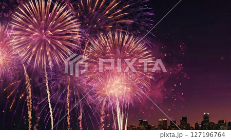 Amazing colorful display of fireworks on black backgound. Celebration concept, banners, cards 127196764