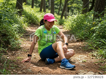 トレイルランニング中にケガをして痛そうな表情の女性ランナー トレイルランニング中にケガをして痛そうな表情の女性ランナー 127196828