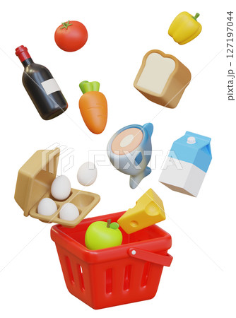 Grocery Items in Shopping Basket 3D Graphic 127197044