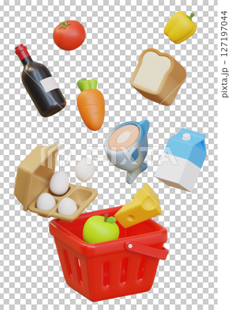 Grocery Items in Shopping Basket 3D Graphic Grocery Items in Shopping Basket 3D Graphic 127197044