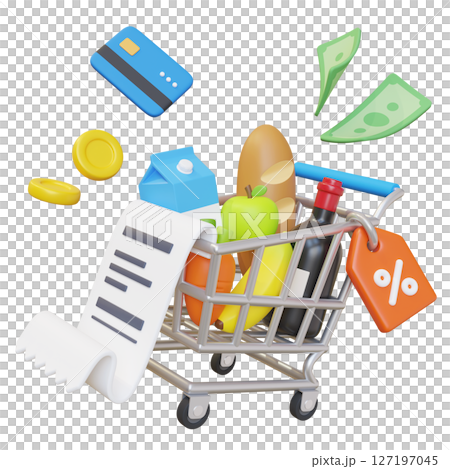 Grocery Items in the shopping cart, receipts, cards, and money 3D Graphic 127197045