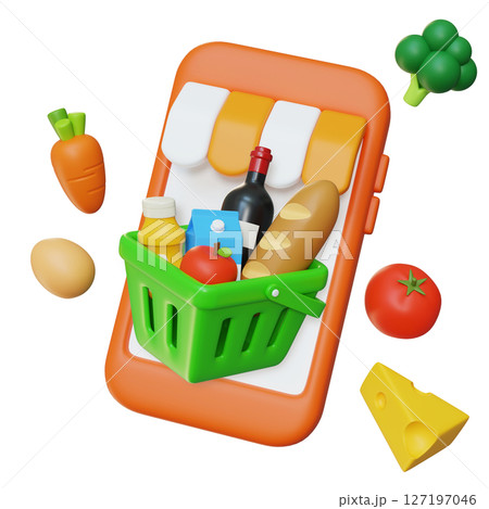 Mobile phone and shopping Basket 3D Graphic 127197046