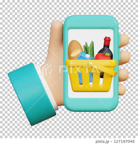 Hand holding mobile phone and shopping Basket 3D Graphic Hand holding mobile phone and shopping Basket 3D Graphic 127197048